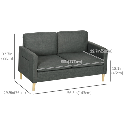 HOMCOM 56" Loveseat Sofa for Bedroom, Modern Love Seats Furniture, Upholstered 2 Seater Couch with Side Pockets, Solid Wood Frame for Living Room,