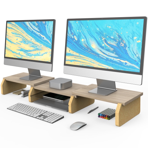 Support pour deux moniteurs de Fenge – Support pour moniteur d'ordinateur à  3 tablettes, support de bureau en bois avec longueur et angle réglables,  accessoires de bureau, chêne