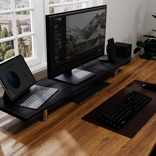 Fenge Dual Monitor Stand Riser, 39.4 Inch Height Adjustable Monitor Riser, Sturdy Wood & Steel Computer Monitor Stand for 2 Monitors,Black