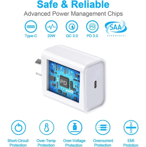 20W Type C Fast PD Wall Charger for iPhone 15/15 Pro/15 Plus/15 Pro Max, iPad Pro/Air/Mini, Air Pods Pro - Includes 3FT USB-C to C Cable