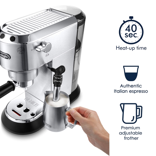 Machine à espresso à pompe Dedica Deluxe EC685 M de de'Longhi avec buse à mousser réglable de qualité supérieure, en acier inoxydable