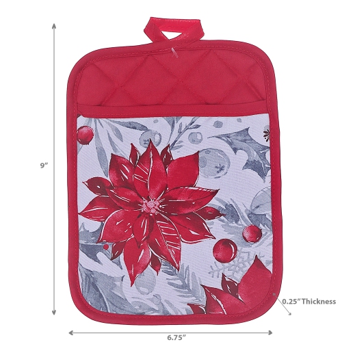 Maison Concepts Christmas Pot Holder With Pocket Red Poinsettia - Set of 4