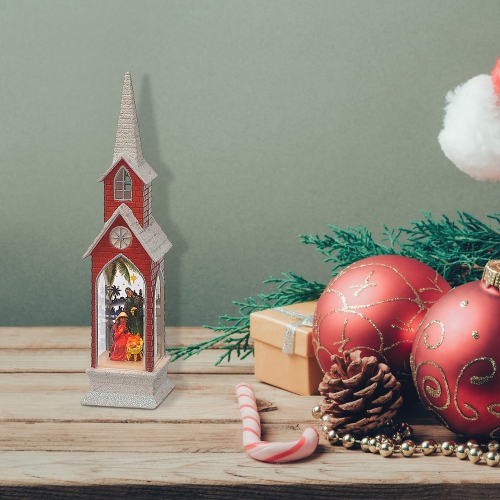 Maison Concepts Led Red Church With Nativity Scene