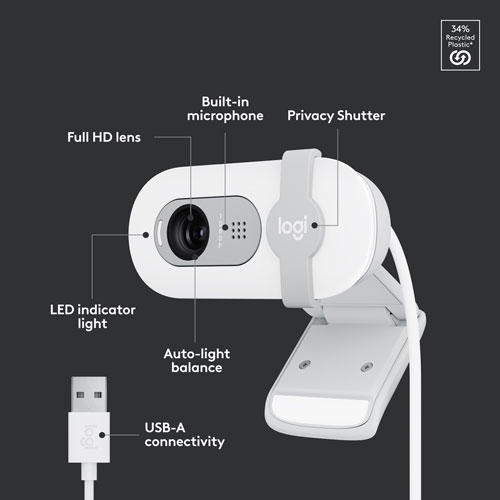 Logitech Brio 100 Full HD 1080p Webcam with Built-in Microphone - White