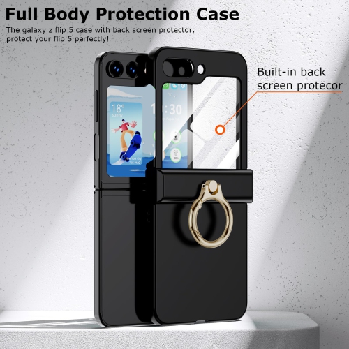 Compatible with Galaxy Z Flip 5 Case with Hinge Protection & Ring Kickstand, Slim and Thin Protective Case Cover for Samsung Z Flip 5 5G (Black)