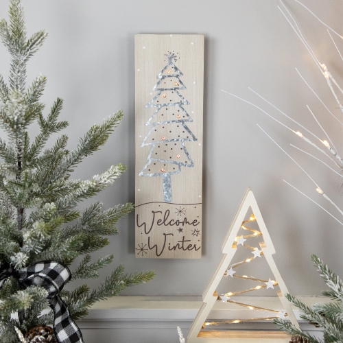 Rectangular "Welcome Winter" Christmas Tree Wooden Wall Sign - 15.75"