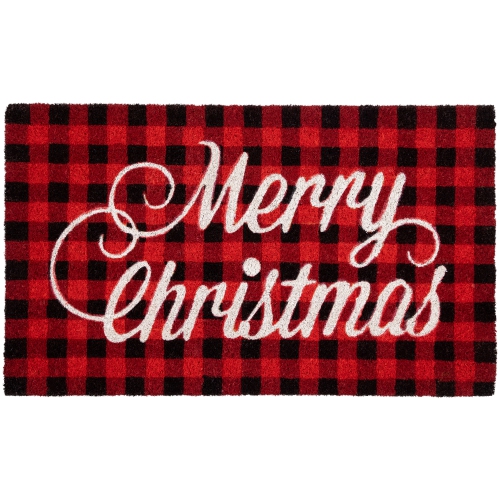 NORTHLIGHT  And Black Plaid "merry Christmas" Natural Coir Christmas Outdoor Doormat 18" X 30" In Red