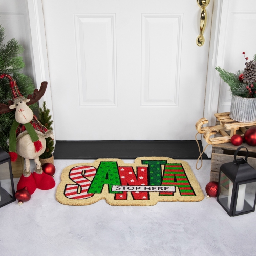 Red and Green "Santa Stop Here" Outdoor Christmas Doormat 18" x 30"