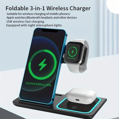 3-in-1 Wireless iPhone Charger Foldable Charging Station for iPhone 17/16/15/14/13/12/11 Apple Watch & AirPods | Fast 15 watt Charger Charging Dock