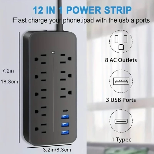 8 prises c.a. parasurtenseur, 3 ports USB-A et 1 ports USB-C, rallonge 4&nbsp;pi, barre d'alimentation et noir élégant pour la maison, le bureau, la