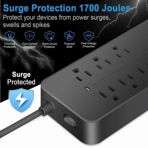 8 prises c.a. parasurtenseur, 3 ports USB-A et 1 ports USB-C, rallonge 4&nbsp;pi, barre d'alimentation et noir élégant pour la maison, le bureau, la