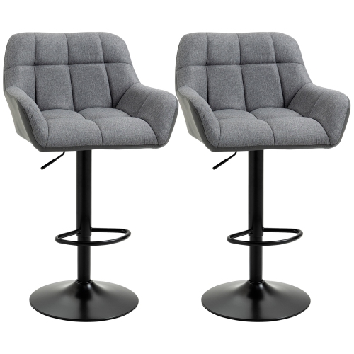 Image 1 of 9.. HOMCOM Adjustable Bar Stools Set of 2, Swivel Tufted Linen Fabric Barstools with Footrest and Armrests, Bar Chairs for Kitchen Counter and Dining
