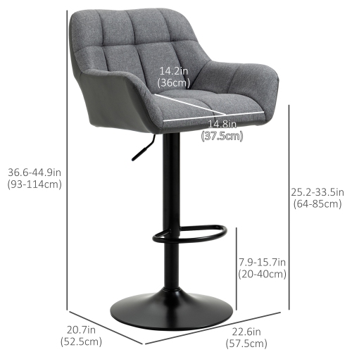 HOMCOM Adjustable Bar Stools Set of 2, Swivel Tufted Linen Fabric Barstools with Footrest and Armrests, Bar Chairs for Kitchen Counter and Dining