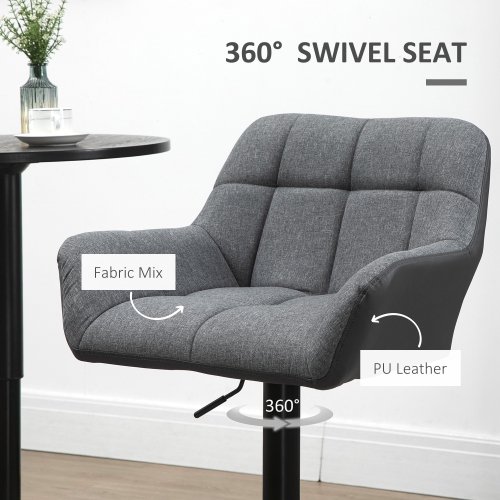 HOMCOM Adjustable Bar Stools Set of 2, Swivel Tufted Linen Fabric Barstools with Footrest and Armrests, Bar Chairs for Kitchen Counter and Dining