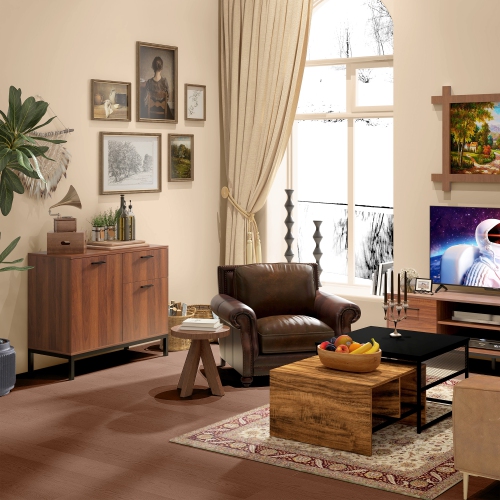 HOMCOM Nesting Tables Set of 2, Industrial Coffee Table Set, Square Coffee Table and 2-tier Narrow Side Table with Storage Mesh Shelves, Steel Frame