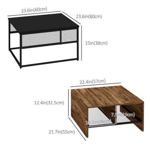 HOMCOM Nesting Tables Set of 2, Industrial Coffee Table Set, Square Coffee Table and 2-tier Narrow Side Table with Storage Mesh Shelves, Steel Frame