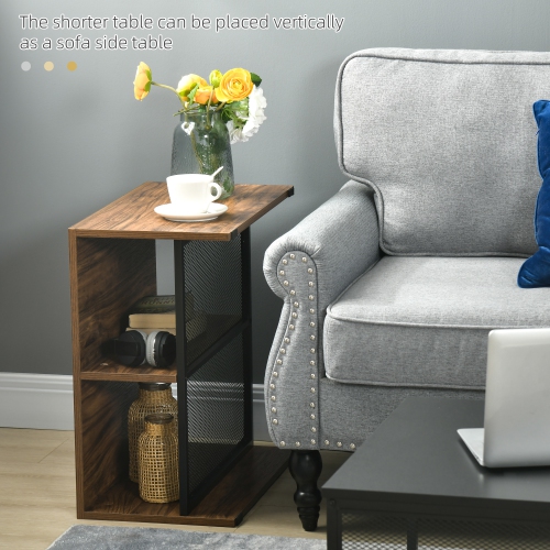 HOMCOM Nesting Tables Set of 2, Industrial Coffee Table Set, Square Coffee Table and 2-tier Narrow Side Table with Storage Mesh Shelves, Steel Frame