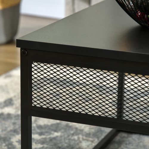 HOMCOM Nesting Tables Set of 2, Industrial Coffee Table Set, Square Coffee Table and 2-tier Narrow Side Table with Storage Mesh Shelves, Steel Frame