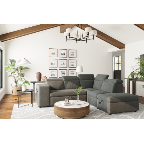 Valencia Finn Fabric Sectional Sofa Bed with Storage Ottoman & 2 Stools, Cloudy Grey