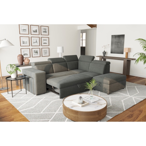 Valencia Finn Fabric Sectional Sofa Bed with Storage Ottoman & 2 Stools, Cloudy Grey