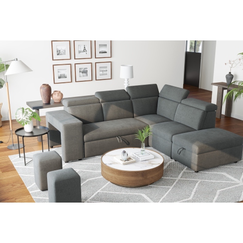 Valencia Finn Fabric Sectional Sofa Bed with Storage Ottoman & 2 Stools, Cloudy Grey