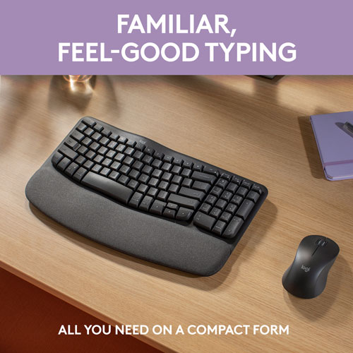 Ensemble avec clavier ergonomique sans fil et souris optique sans fil Wave Keys MK670 de Logitech - Graphite - Français