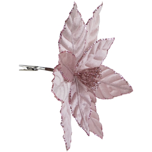 10" Pink Glittered Poinsettia Christmas Floral Clip
