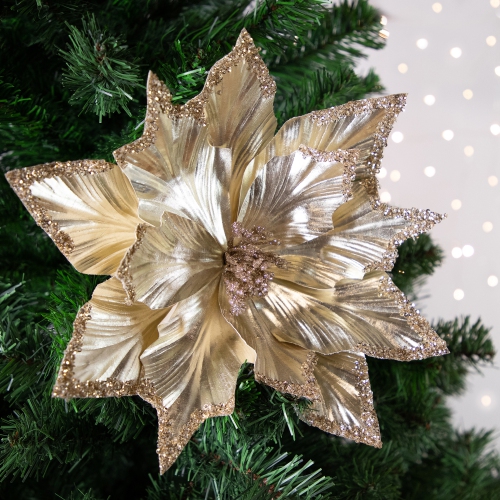 24" Metallic Champagne Gold Glittered Poinsettia Christmas Pick