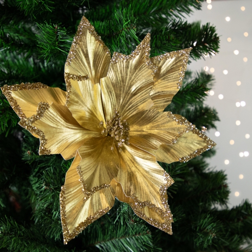24" Metallic Gold Sequin Glittered Poinsettia Christmas Pick