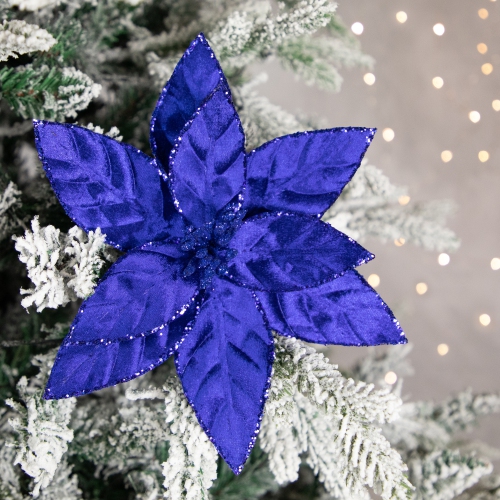 10" Royal Blue Glittered Poinsettia Floral Christmas Clip