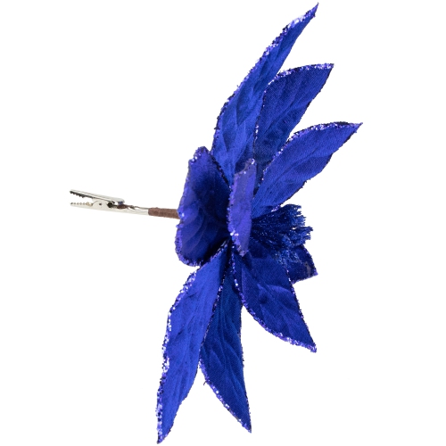 10" Royal Blue Glittered Poinsettia Floral Christmas Clip