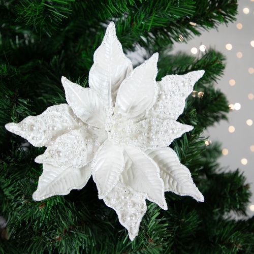 22" Pearl White Glittered Poinsettia Christmas Stem Spray
