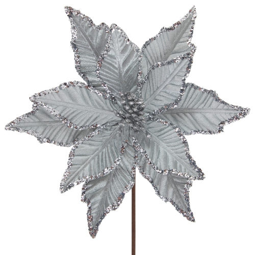25" Glittered Silver Poinsettia Christmas Floral Pick