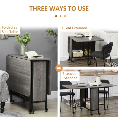 HOMCOM 51" Folding Dining Table for 6, Mobile Drop Leaf Table, Extendable Kitchen Table with Storage Shelf and 6 Wheels for Small Spaces, Distressed