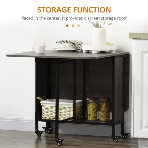 HOMCOM 51" Folding Dining Table for 6, Mobile Drop Leaf Table, Extendable Kitchen Table with Storage Shelf and 6 Wheels for Small Spaces, Distressed