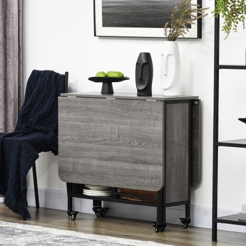 HOMCOM 51" Folding Dining Table for 6, Mobile Drop Leaf Table, Extendable Kitchen Table with Storage Shelf and 6 Wheels for Small Spaces, Distressed