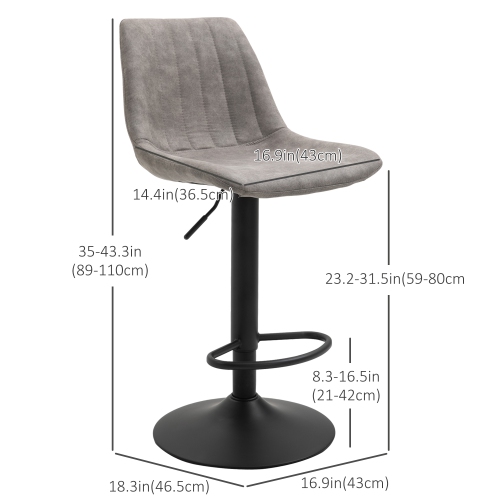 HOMCOM Adjustable Bar Stools Set of 2, Leathaire Swivel Barstools with Back and Footrest, Upholstered Bar Chairs for Kitchen, Dining Room, Home Pub,