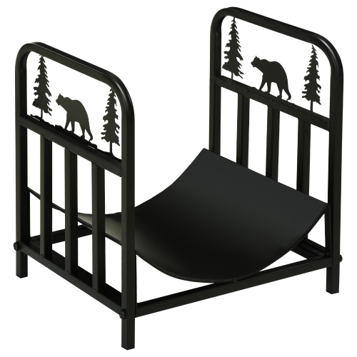 Outsunny Curved Firewood Rack with Bear and Pine Tree Design, 17 Inch Log Holder Storage Rack with 110 lbs. Capacity, Black