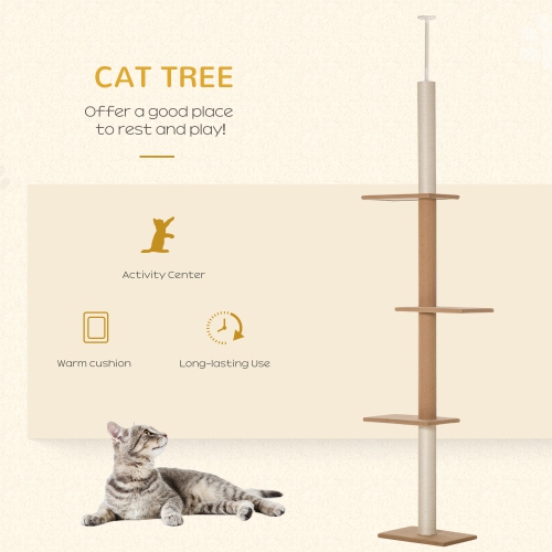 PawHut – Arbre à chat de 90 à 102 po au plafond, tour à 3 étages pour chats, grand arbre à chat, pour usage intérieur, brun