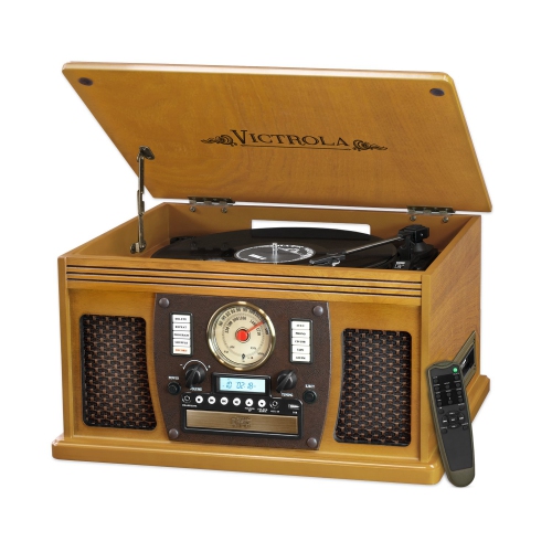 VICTROLA  8-In-1 Bluetooth Record Player & Multimedia Center, Built-In Stereo Speakers - Turntable, Wireless Music Streaming, Real Wood | Oak Everything I need in one compact box