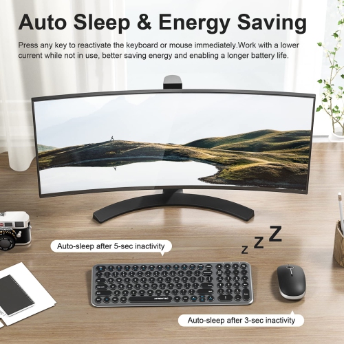 Wireless Keyboard and Mouse, Compact Full Size Cute Keyboard Retro Round Keycap - 2.4GHz Ultra-Slim Quiet Aesthetic Keyboard for Laptop iMac Windows