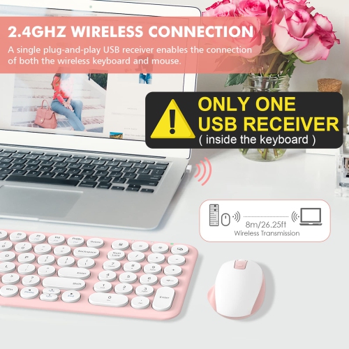 Wireless Keyboard and Mouse, Compact Full Size Cute Keyboard Retro Round Keycap - 2.4GHz Ultra-Slim Quiet Aesthetic Keyboard for Laptop iMac Windows