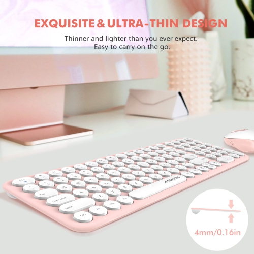 Wireless Keyboard and Mouse, Compact Full Size Cute Keyboard Retro Round Keycap - 2.4GHz Ultra-Slim Quiet Aesthetic Keyboard for Laptop iMac Windows