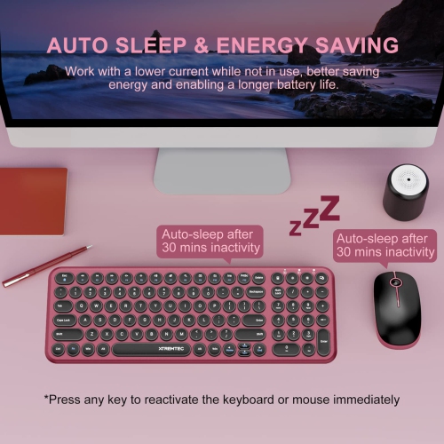 Wireless Keyboard and Mouse, Cute Keyboard Retro Round Keycap - 2.4GHz Ultra-Slim Quiet Aesthetic Keyboard for Mac Computer Laptop PC Desktops