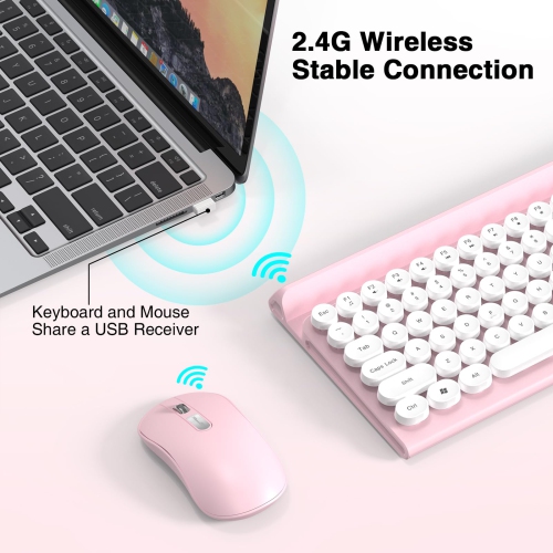 Wireless Keyboard and Mouse -Wireless Typewriter Keyboard with Phone Holder, Cute Pink Keyboard and Mouse Combo, 2.4G Cordless Retro Computer