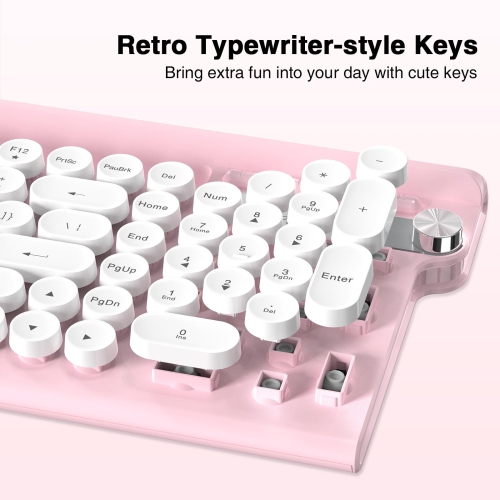 Wireless Keyboard and Mouse -Wireless Typewriter Keyboard with Phone Holder, Cute Pink Keyboard and Mouse Combo, 2.4G Cordless Retro Computer