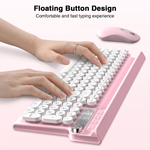 Wireless Keyboard and Mouse -Wireless Typewriter Keyboard with Phone Holder, Cute Pink Keyboard and Mouse Combo, 2.4G Cordless Retro Computer