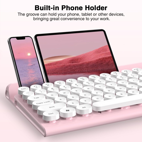 Wireless Keyboard and Mouse -Wireless Typewriter Keyboard with Phone Holder, Cute Pink Keyboard and Mouse Combo, 2.4G Cordless Retro Computer