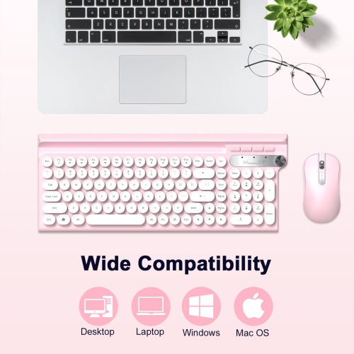 Wireless Keyboard and Mouse -Wireless Typewriter Keyboard with Phone Holder, Cute Pink Keyboard and Mouse Combo, 2.4G Cordless Retro Computer