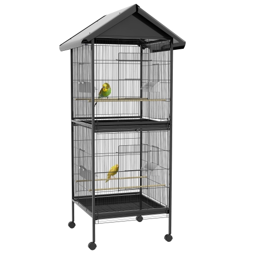 PawHut Wrought Metal Bird Cage Feeder with Rolling Stand Perches Food Containers Doors Wheels 67" H, Black